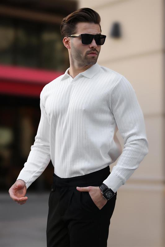 MDX White Striped Long Sleeve Polo Neck Sweater 7239 - Cincinnati