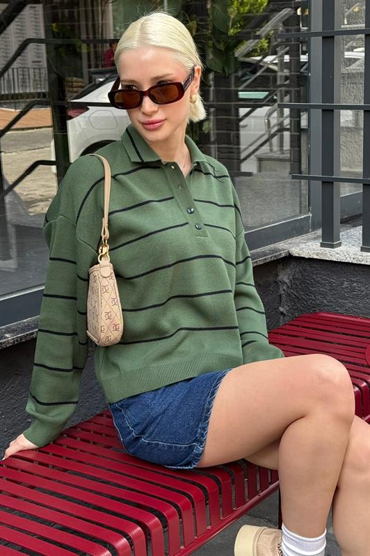 MDX Melanj Yeşili Çizgili Polo Yaka Kadın Triko Kazak MG2470 - Paraíso