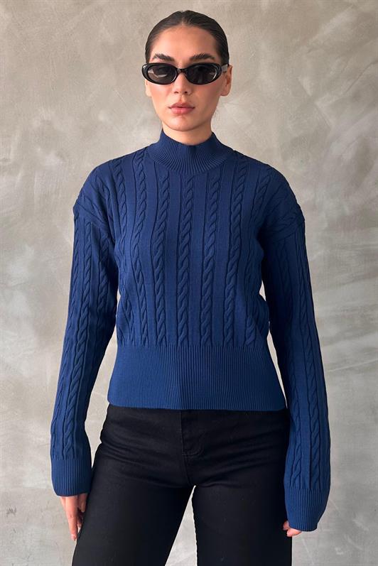 MDX Indigo Half Fisherman Collar Braided Knit Women's Sweater MG2257 - Bay City