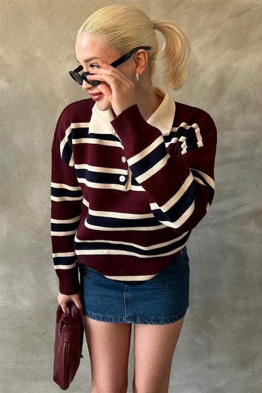 MDX Burgundy Striped Buttoned Polo Neck Women's Sweater MG2280 - Long Eaton