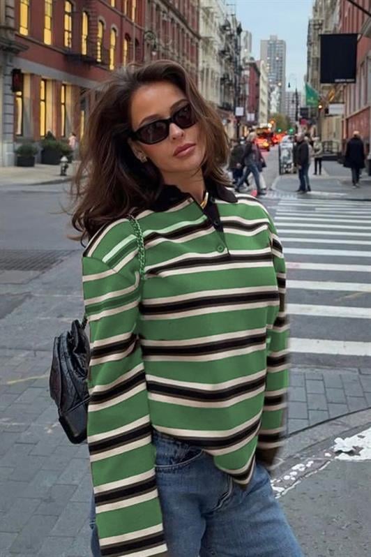 MDX Green Striped Buttoned Polo Neck Women's Sweater MG2280 - Milford city