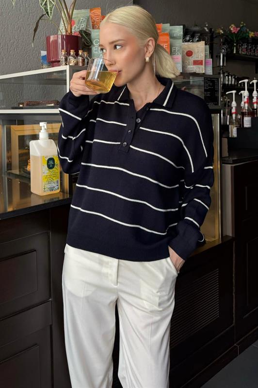 MDX Lacivert Çizgili Polo Yaka Kadın Triko Kazak MG2470 - Fedosiia