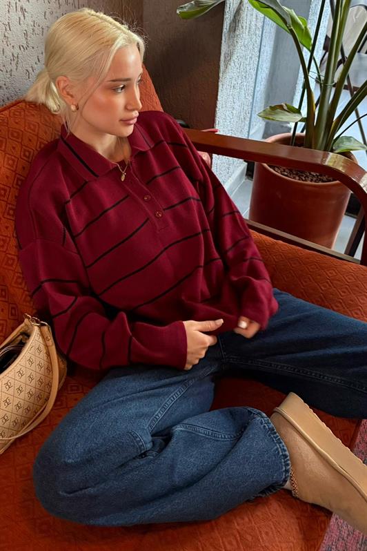 MDX Bordo Çizgili Polo Yaka Kadın Triko Kazak MG2470 - Apan