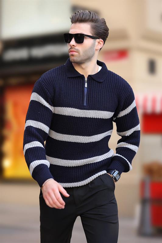 MDX Navy Blue Zippered Polo Collar Striped Long Sleeve Sweater 7283 - Clifton Park