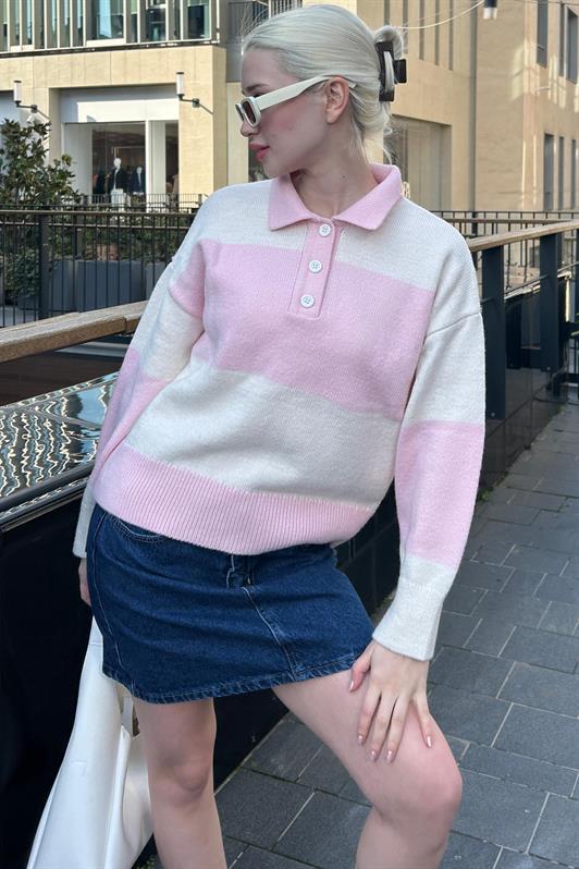 MDX Pink Buttoned Polo Neck Striped Women's Sweater Mg2286 - The Villages