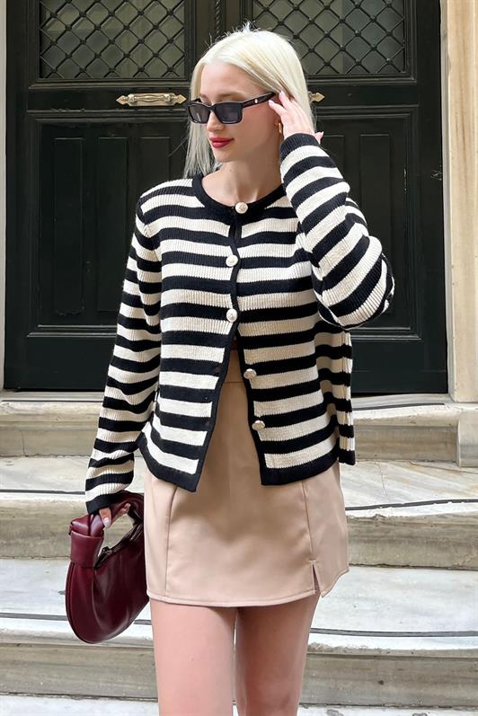 MDX Black Striped Bicycle Neck Gold Button Detailed Cotton Cardigan MG1605 - Washington