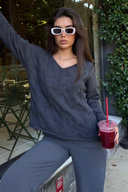 MDX Antrasit V Yaka Örgü Desen Oversize Kadın Kazak Mg2519 - Isla