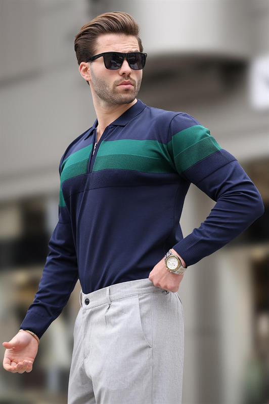 MDX Navy Blue Zippered Polo Collar Striped Long Sleeve Sweater E7288 - Peterborough