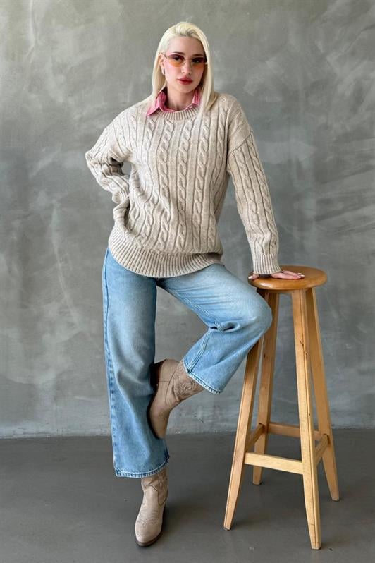 MDX Beige Fisherman Collar Braided Knit Sweater Mg2336 - Polatsk