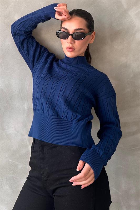 MDX Indigo Half Fisherman Collar Braided Knit Women's Sweater MG2257 - Bay City