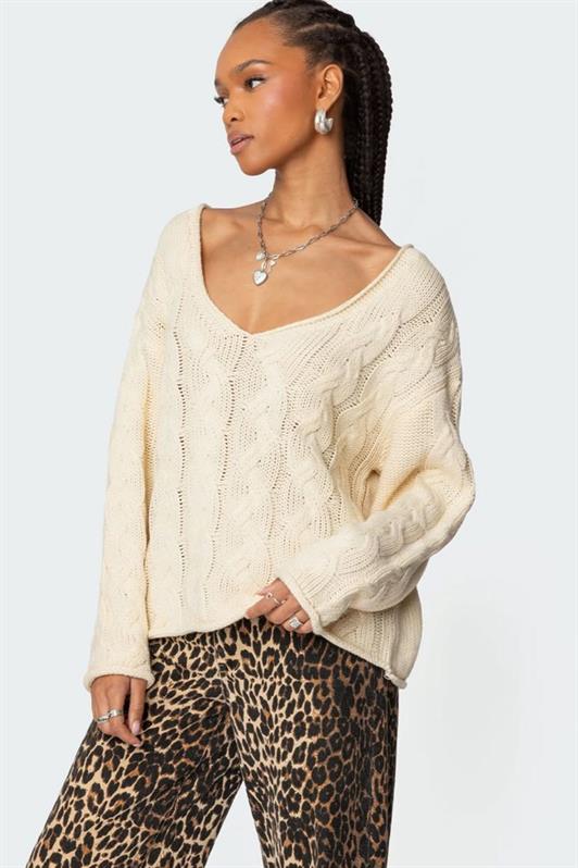 MDX Ecru V-Neck Knitted Pattern Oversized Women's Sweater Mg2519 - Rahovec