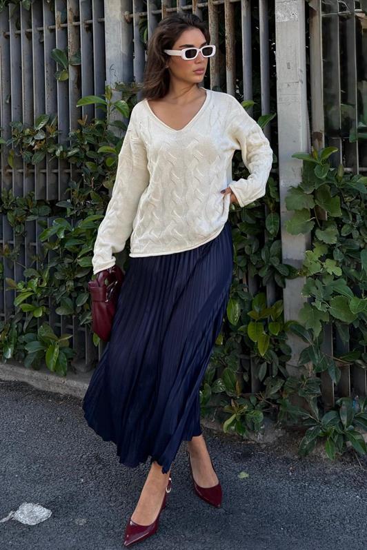 MDX Ekru V Yaka Örgü Desen Oversize Kadın Kazak Mg2519 - Country Club