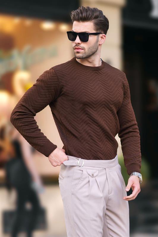 MDX Brown Bicycle Collar Herringbone Patterned Long Sleeve Knitted Sweater 7219 - Zacatelco
