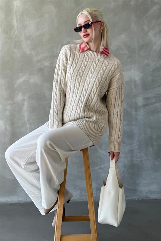 MDX Ecru Fisherman Collar Braided Knit Sweater Mg2336 - San Miguel de Allende