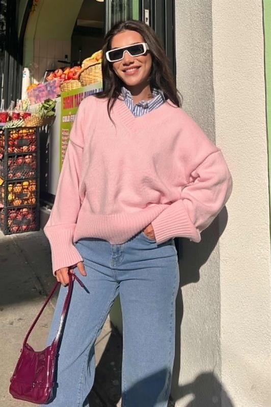 MDX Pink V-Neck Oversized Women's Sweater MG2149 - Citrus Heights