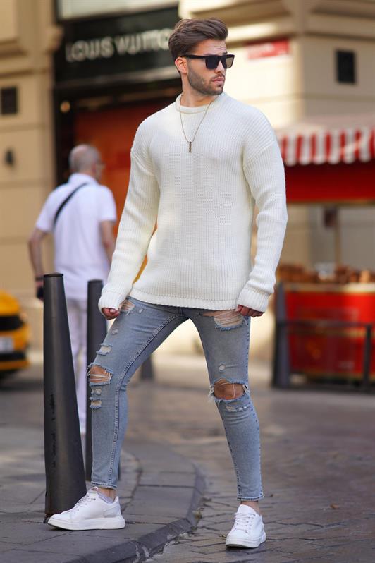 MDX Bone Color Bike Collar Long Sleeve Knit Sweater 7246 - Rochester