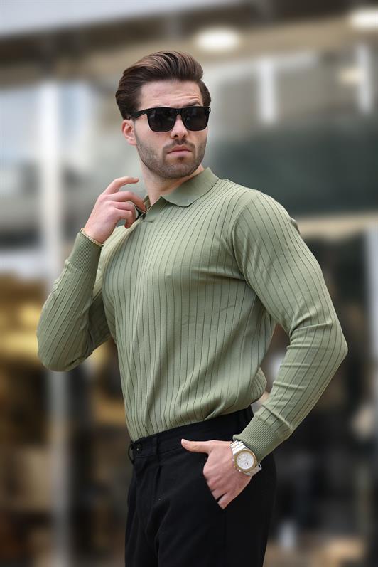 MDX Haki Polo Neck Striped Long Sleeve Sweater 7239 - McLean