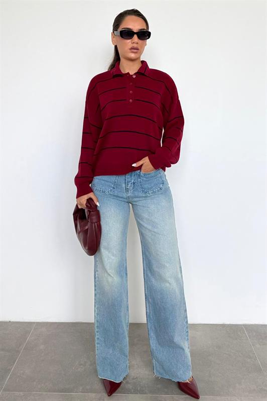 MDX Bordo Çizgili Polo Yaka Kadın Triko Kazak MG2470 - Apan