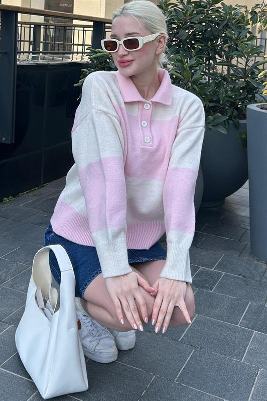 MDX Pink Buttoned Polo Neck Striped Women's Sweater Mg2286 - The Villages