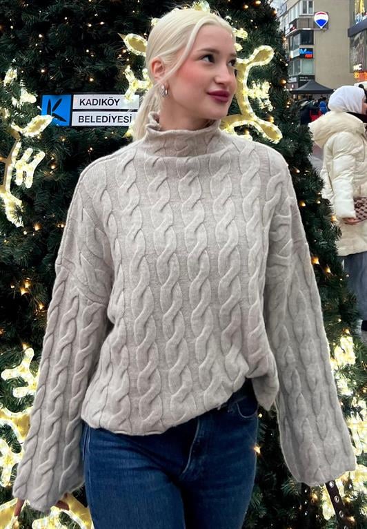 MDX Beige Fisherman Collar Knitted Sweater MG2172 - Baranavichy
