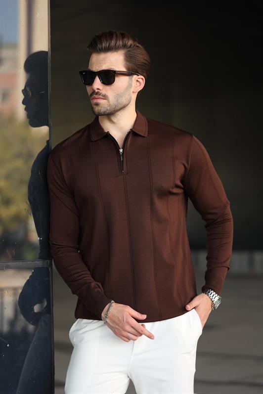 MDX Kahverengi Polo Yaka Fermuarlı Erkek Kazak E7427 - El Prat de Llobregat