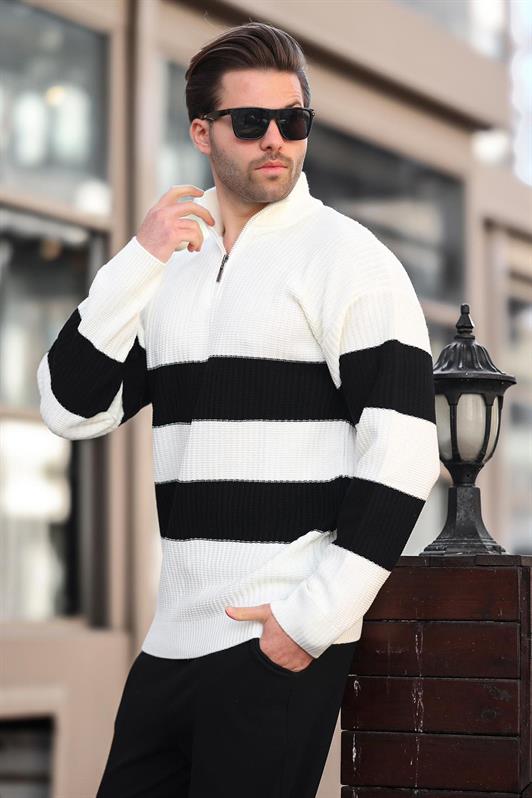 MDX Ecru Zip Neck Striped Men's Sweater E7272 - Eschweiler