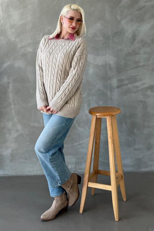 MDX Beige Fisherman Collar Braided Knit Sweater Mg2336 - Polatsk