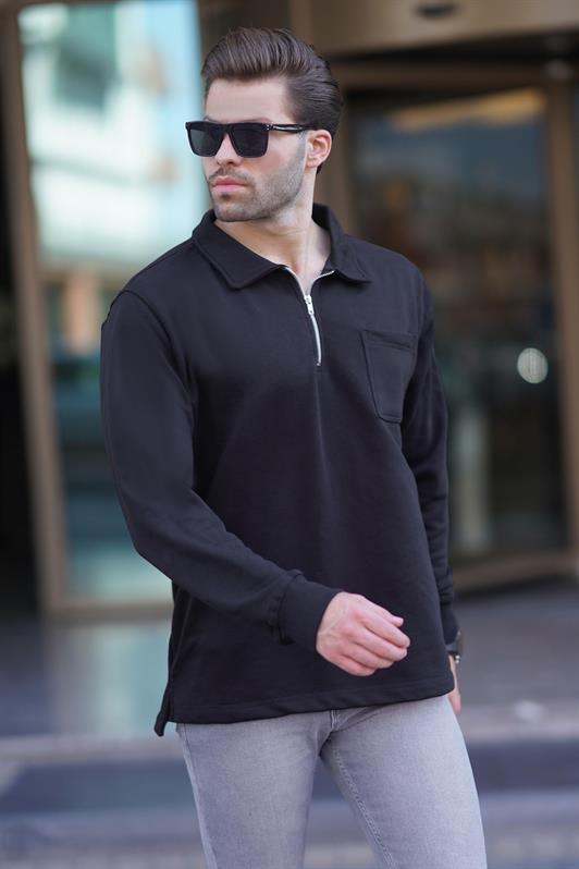 MDX Black Polo Collar Zippered Long Sleeve Men's Sweatshirt 7057 - Paignton