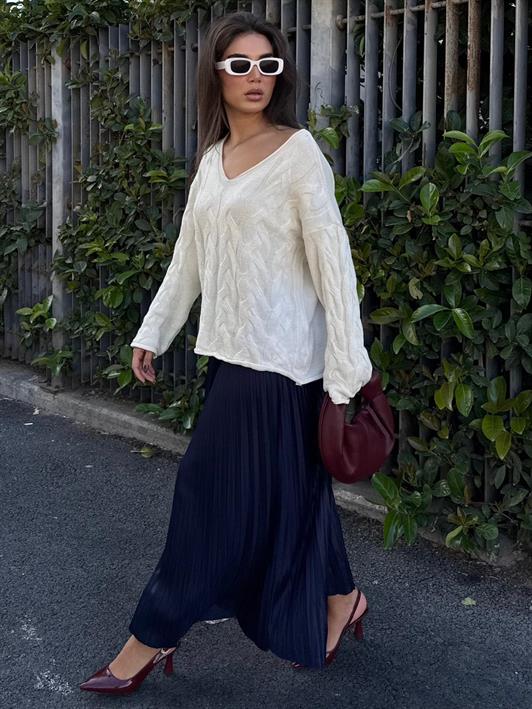 MDX Ekru V Yaka Örgü Desen Oversize Kadın Kazak Mg2519 - Country Club