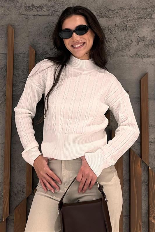 MDX Bone Color Half Fisherman Collar Braided Knit Women's Sweater MG2257 - Padova