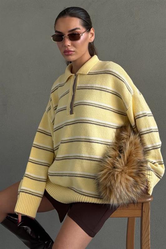 MDX Madmext Yellow Striped Buttoned Polo Neck Sweater Mg2357 - Manacor