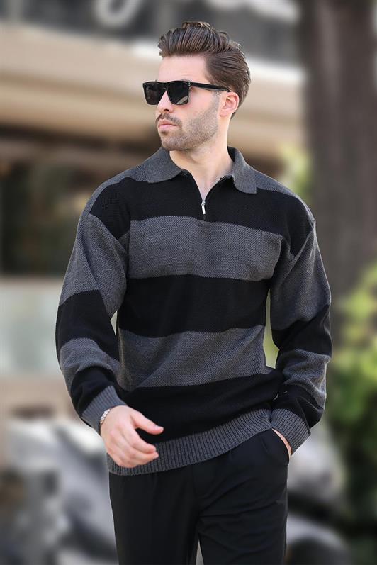 MDX Anthracite Zip Neck Color Block Long Sleeve Sweater 7280 - Paisley