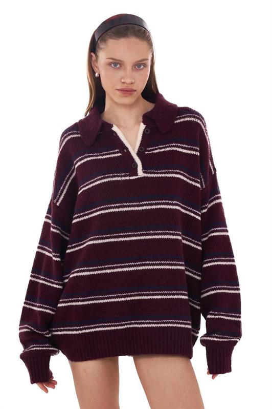 MDX Madmext Burgundy Striped Buttoned Polo Neck Sweater Mg2357 - Dún Dealgan
