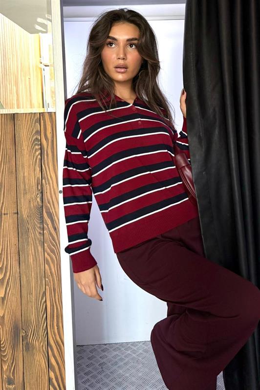 MDX Burgundy Striped Polo Neck Buttoned Women's Sweater MG2561 - Brindisi