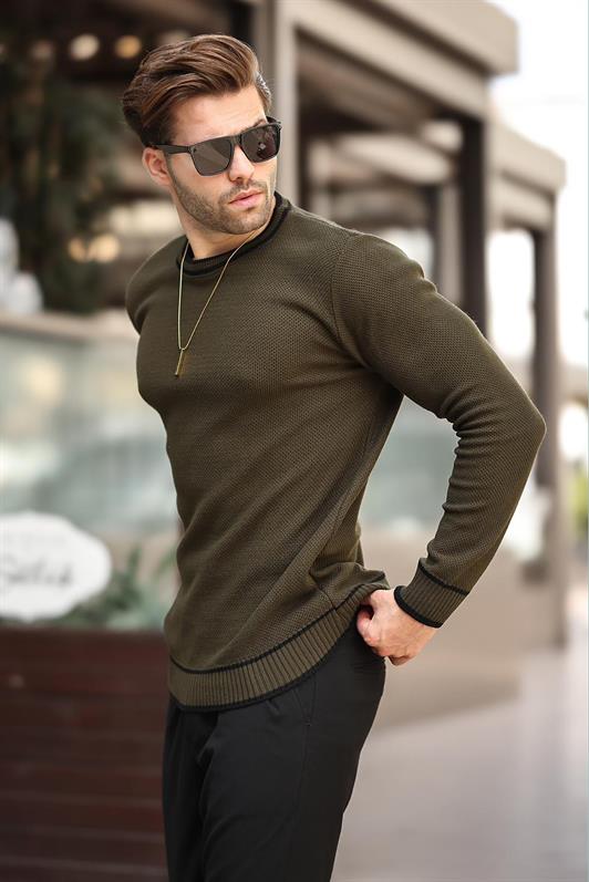 MDX Haki Bicycle Collar Striped Detailed Long Sleeve Knit Sweater 7245 - Béziers