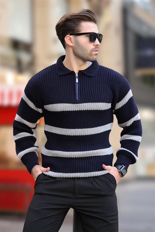 MDX Navy Blue Zippered Polo Collar Striped Long Sleeve Sweater 7283 - Clifton Park