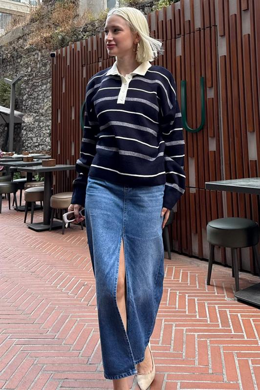 MDX Lacivert Çizgili Polo Yaka Kadın Kazak Mg2476 - Ixtapaluca