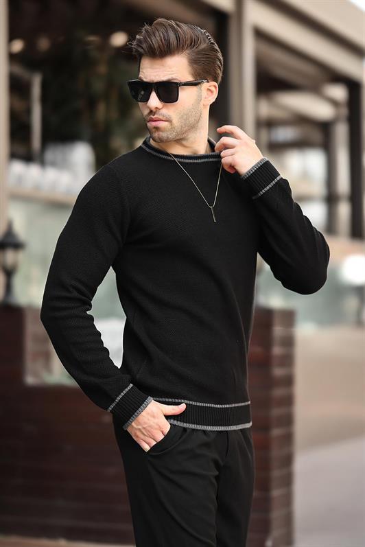 MDX Black Sweater with Bicycle Collar Stripe Detail Long Sleeve Knit Sweater 7245 - Santa Eulalia del Río