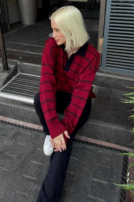 MDX Bordo Çizgili Polo Yaka Kadın Kazak Mg2476 - Swindon