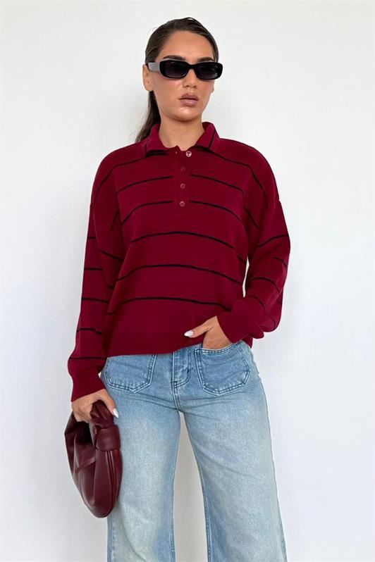 MDX Bordo Çizgili Polo Yaka Kadın Triko Kazak MG2470 - Apan