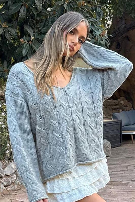 MDX Gri V Yaka Örgü Desen Oversize Kadın Kazak Mg2519 - Eltham