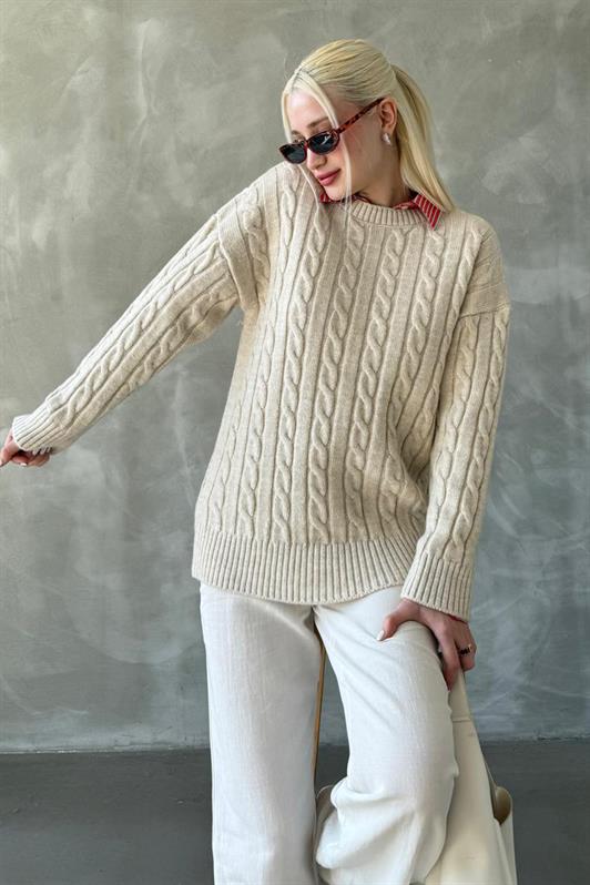 MDX Ecru Fisherman Collar Braided Knit Sweater Mg2336 - San Miguel de Allende