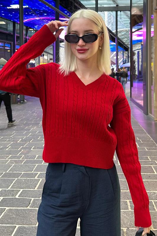 MDX Red V Neck Cable Knit Women's Sweater MG2258 - Akron