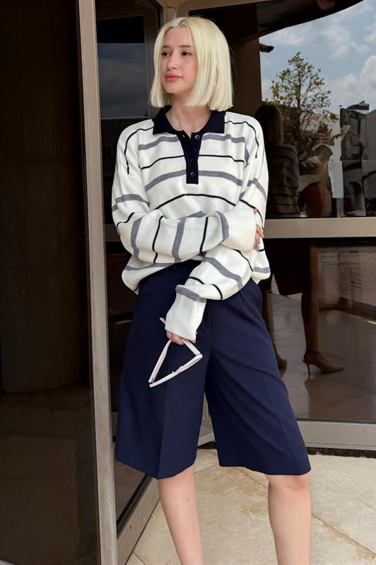 MDX Kemik Rengi Çizgili Polo Yaka Kadın Kazak Mg2476 - Atascocita