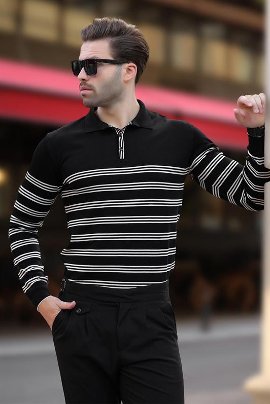 MDX Black Buttoned Polo Collar Striped Long Sleeve Sweater 7270 - Lleida