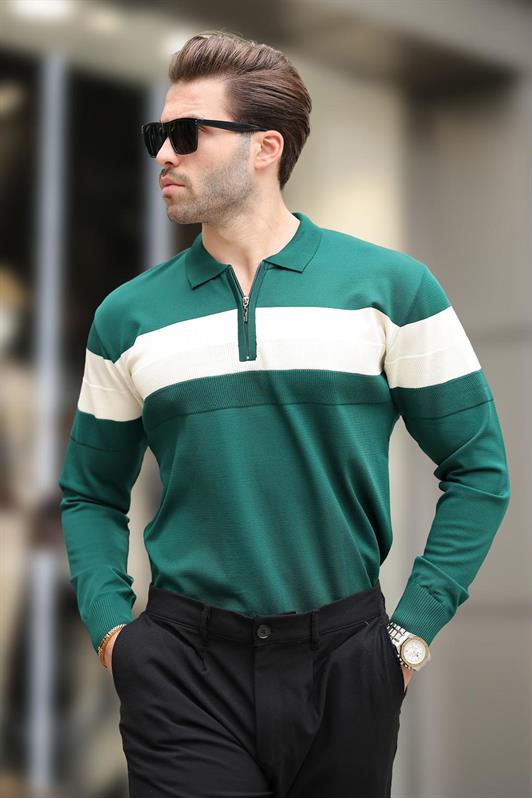 MDX Green Zippered Polo Collar Striped Long Sleeve Sweater E7288 - Veenendaal