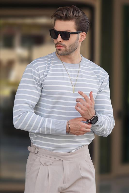 MDX Open Grey Striped Sweater with Bicycle Neckline 7241 - Pinner