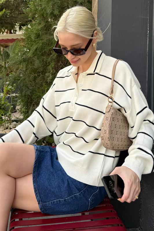 MDX Kemik Rengi Çizgili Polo Yaka Kadın Triko Kazak MG2470 - Maricopa