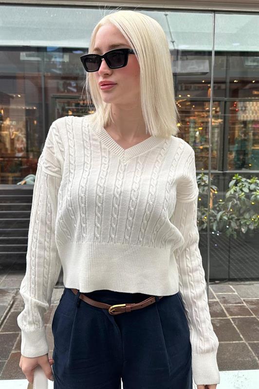 MDX Bone Color V Neck Braided Knit Women's Sweater MG2258 - Narbonne