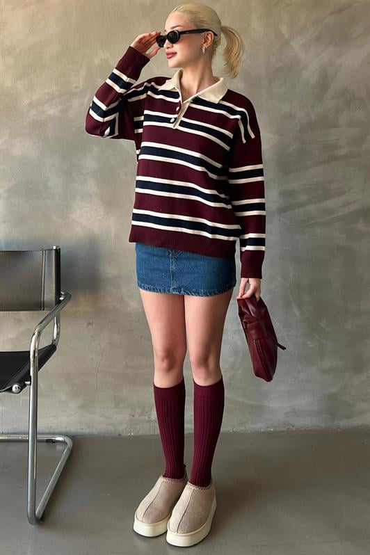 MDX Burgundy Striped Buttoned Polo Neck Women's Sweater MG2280 - Long Eaton